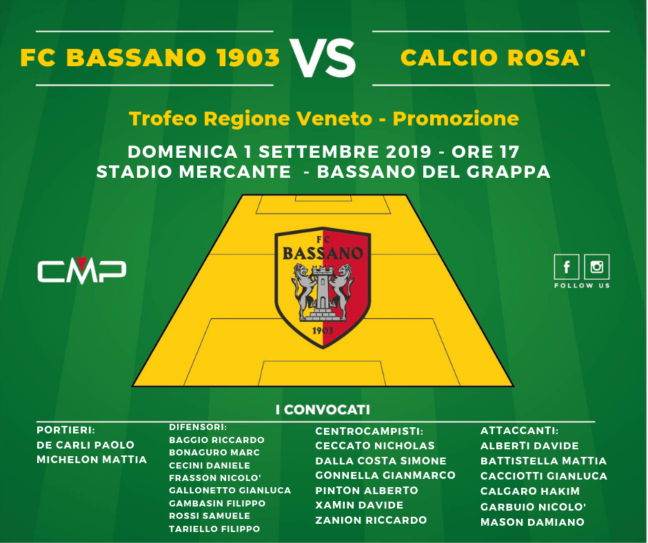 TROFEO REGIONE VENETO: FC BASSANO 1903 – ROSA’ I CONVOCATI